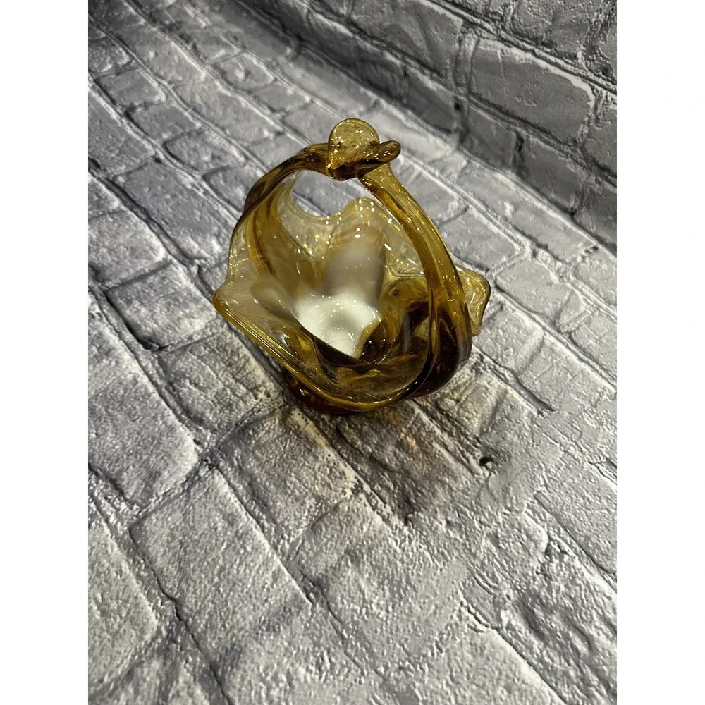 Vintage AMBER Free-Form ART GLASS W/White SHADE Handled Basket Candy Dish